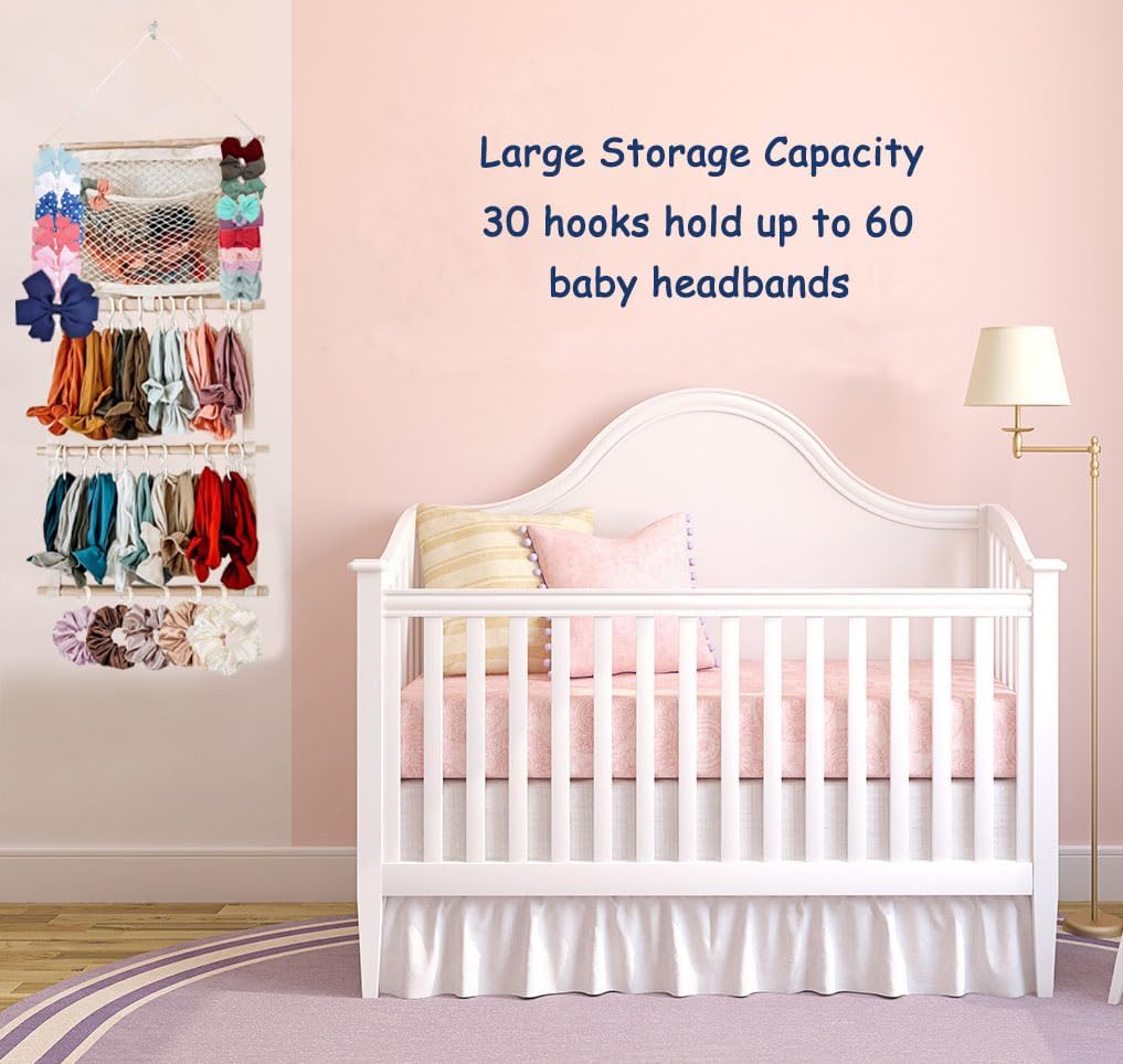 Headband Holder Hair Bows Organizer for Baby Girls Large Capacity Bow Holder Hair Accessories Wall Hanging Organizer for Toddler Baby Girl Nursery Room Decor (Beige)