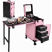 Portable Manicure Table, Rolling Nail Desk with 3 Drawers & Mirror Pink