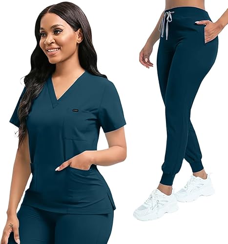 Scrubs for Women Set, Women's V-Neck Top & Jogger Scrub Pants