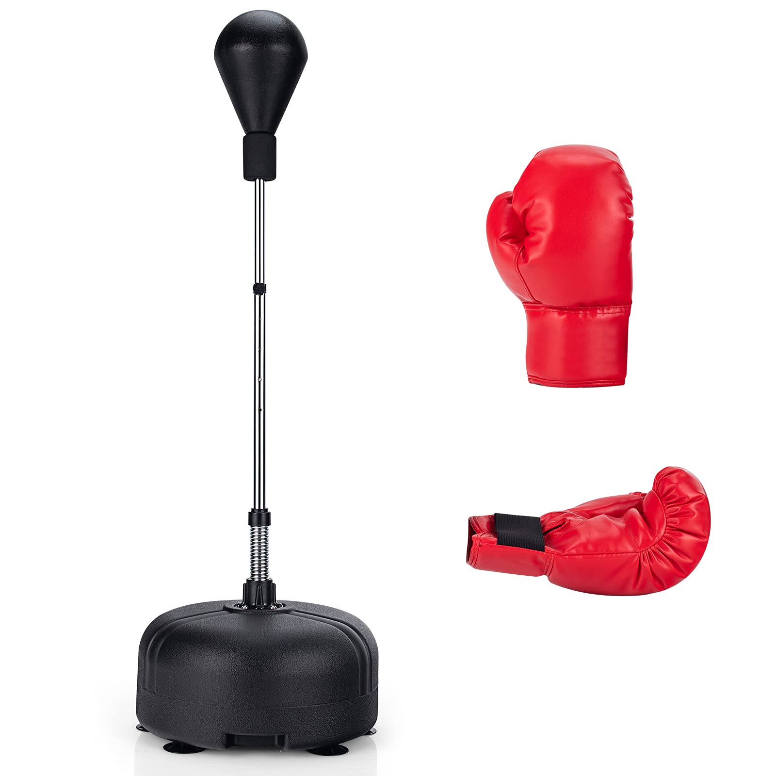 GYMAX Sacco da Boxe da Terra Regolabile in Altezza a 4 Livelli, Punching Ball Boxe con Base Riempibile con Sabbia o Acqua, 6 Dischetti a Ventosa e Guanti Imbottiti in Cotone, Nero