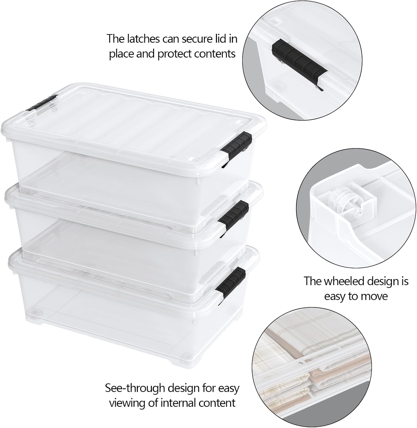 3-Pack 20 Quart Clear Storage Boxes with Wheels, Plastic Under Bed Bins with Lids