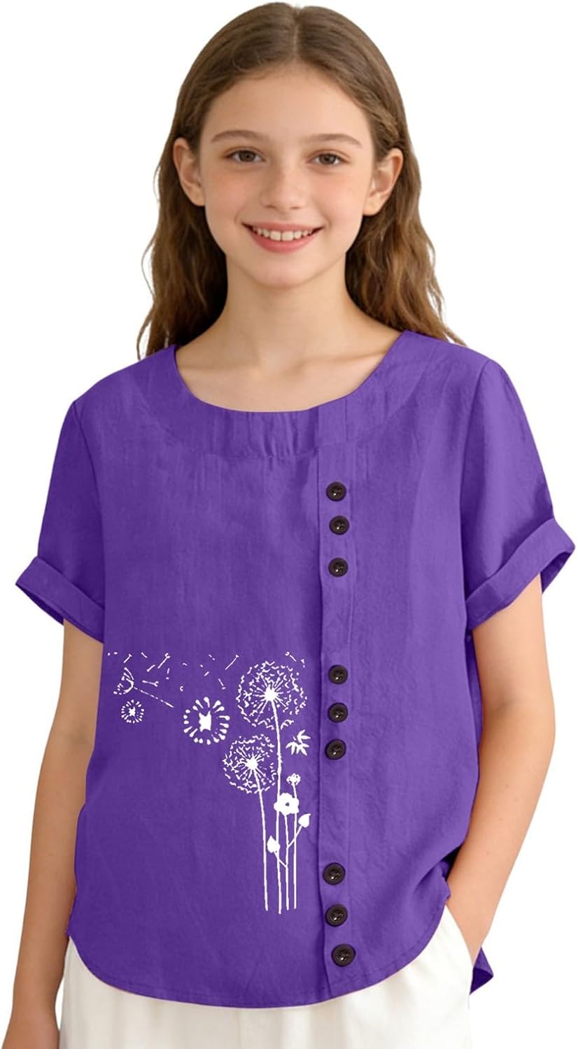 Girls Round Neck Rolled Cuff Blouse, Dandelion Print Partial Button Placket Textured Woven Top, Lightweight Casual Kids