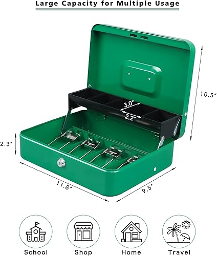 Miniatura 2 de Xydled Caja de efectivo con bandeja de dinero y cerradura de llave, escalonada, 4 espacios para billetes5 ranuras para monedas, 11.8" x 9.5" x 3.5"