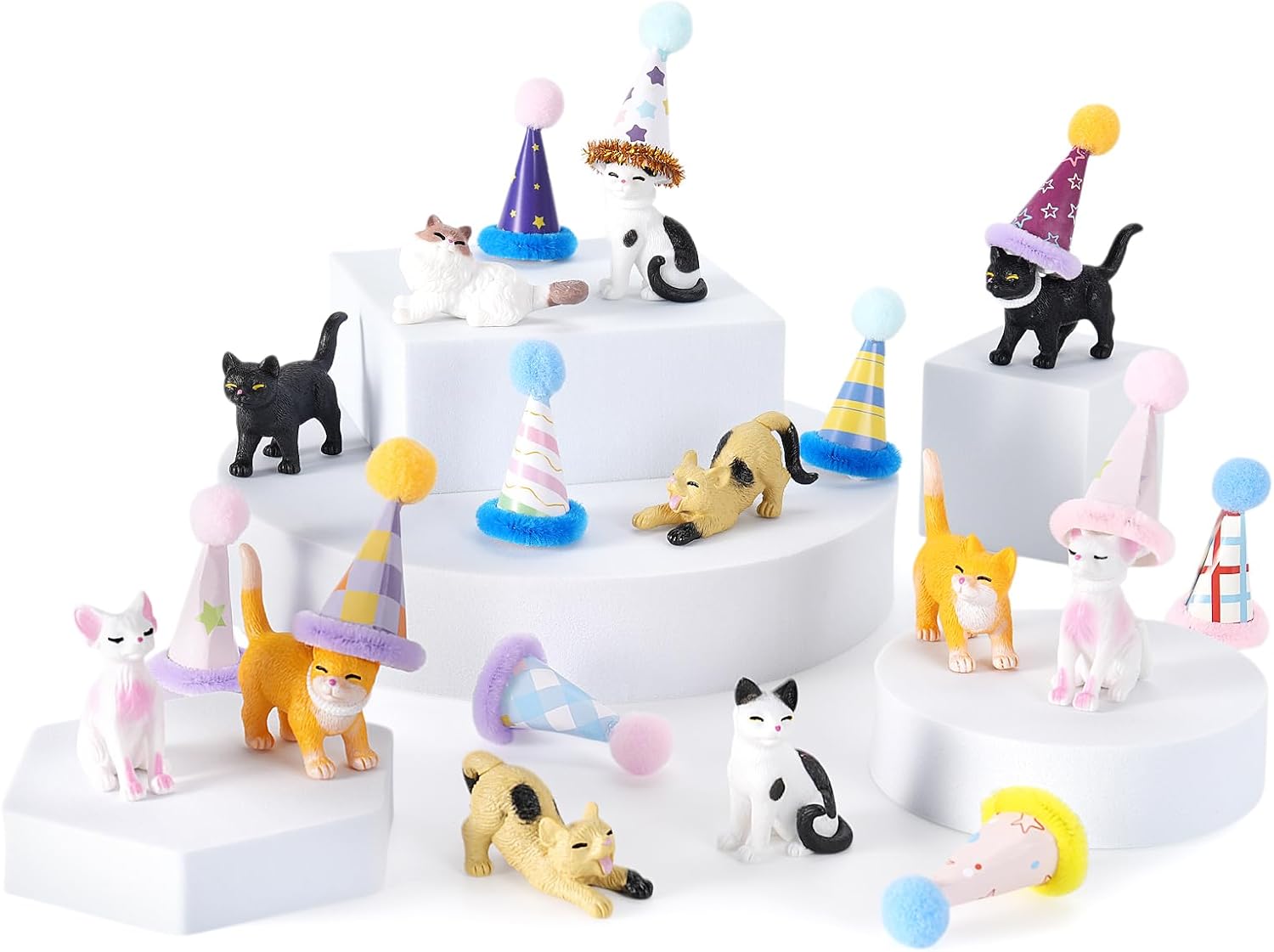 48 Pcs Resin Tiny Cat Figurines Cake Toppers with Birthday Hats Kit, Miniature Cat Figurines for Birthday Cat Cake Party Decorations