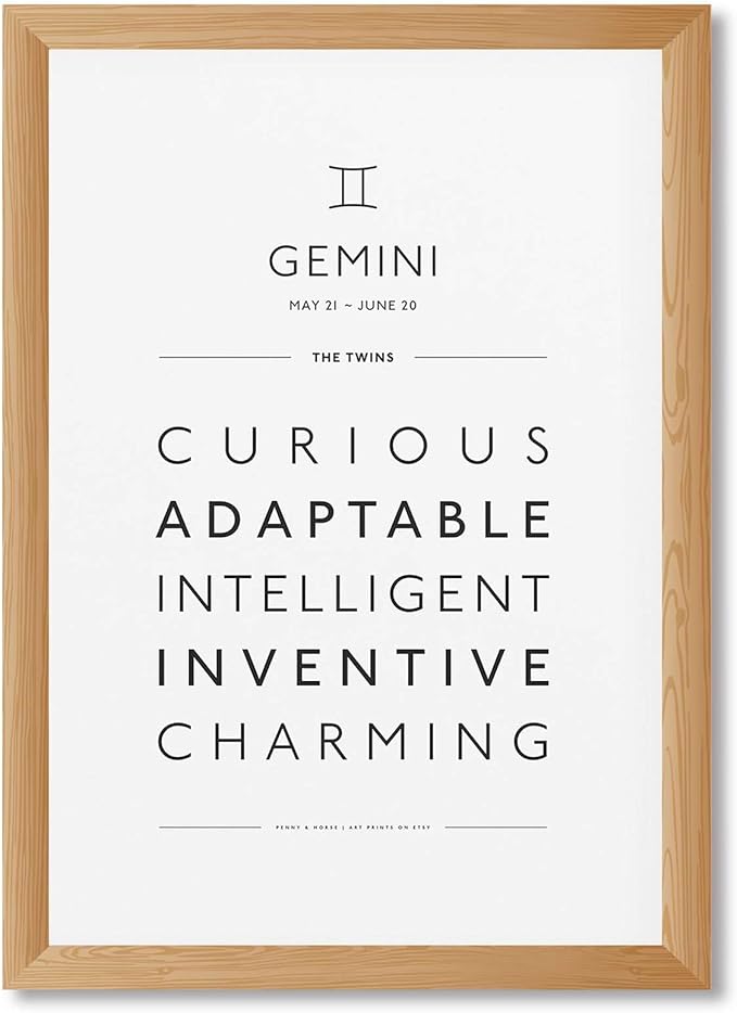 Framed Gemini Zodiac Sign Poster Canvas Print Art Minimalist Aesthetic Wall Art Painting PicturesTrendy Art PrintDorm Room Wall DecorElegant Home DecorDecoration (Wood Framed,12L x16W)