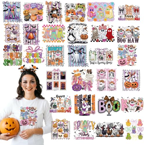 Dazoratix Halloween Iron on Transfers - 30 Sheets Spooky Ghost DTF Ready to Press Bulk Funny Boo Pumpkin Bow Heat Patches Stickers Vinyl Decals for T Shirts Clothes Pillow Bag DIY Crafts Decorations
