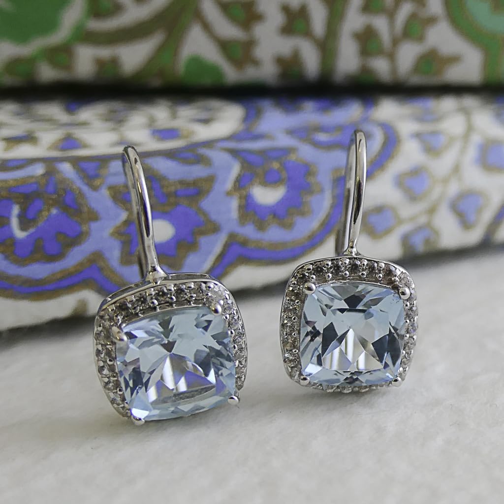 Blautopas Ohrhanger 925 Sterling Silber (Silber) | Kissenschliff Edelstein mit Zirkonia Halo - Handverlesener Naturstein - Geschenkidee fur Frauen - Designed in Norwegen