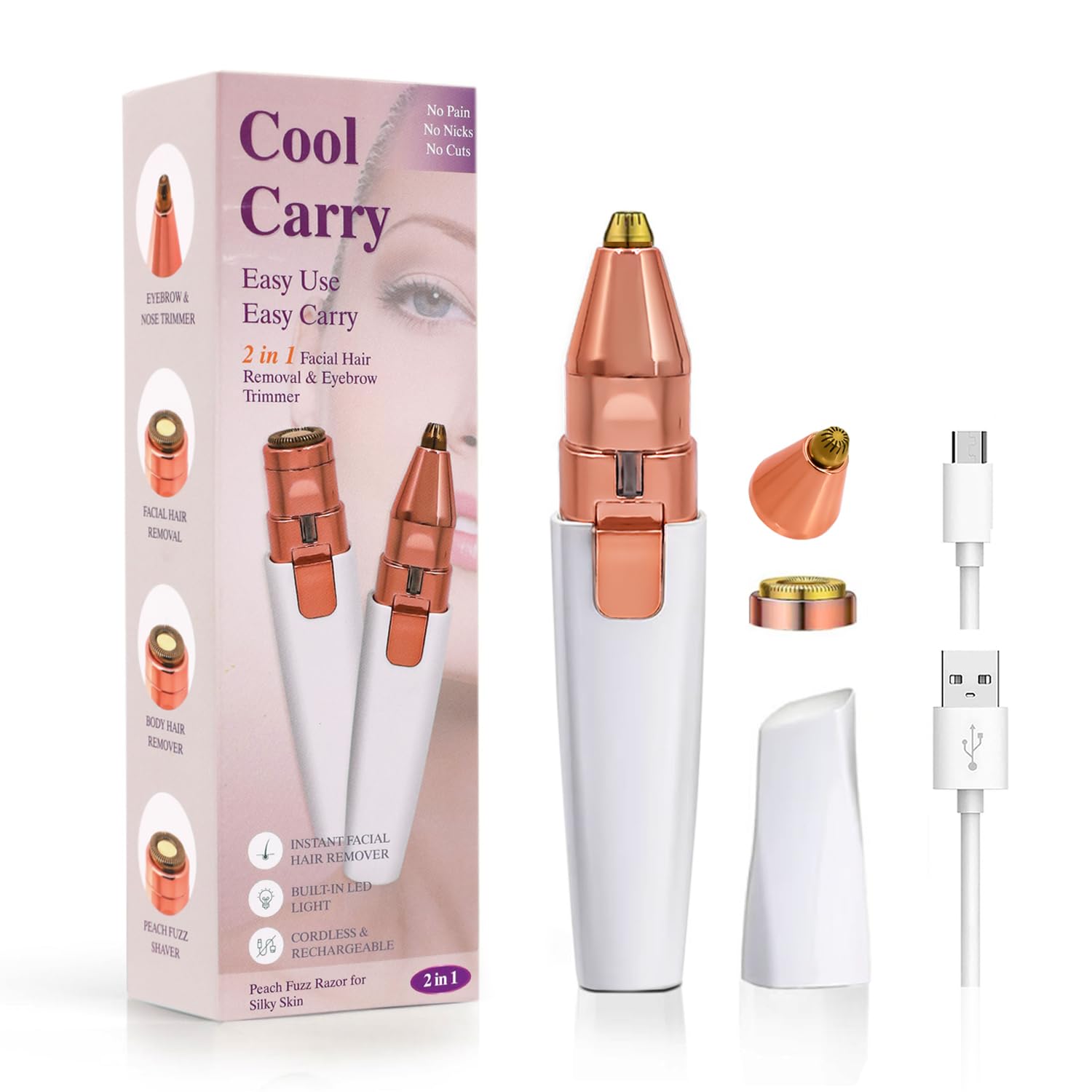 COOL CARRY Facial Hair Removal for Women & Eyebrow Trimmer 2 in 1, Electric Shaver&Portable Peach Fuzz Hair Razor,Rechargeable Remover for Pubic Lips Face Ear Hair,Body Hands, Chin Beard with Light
