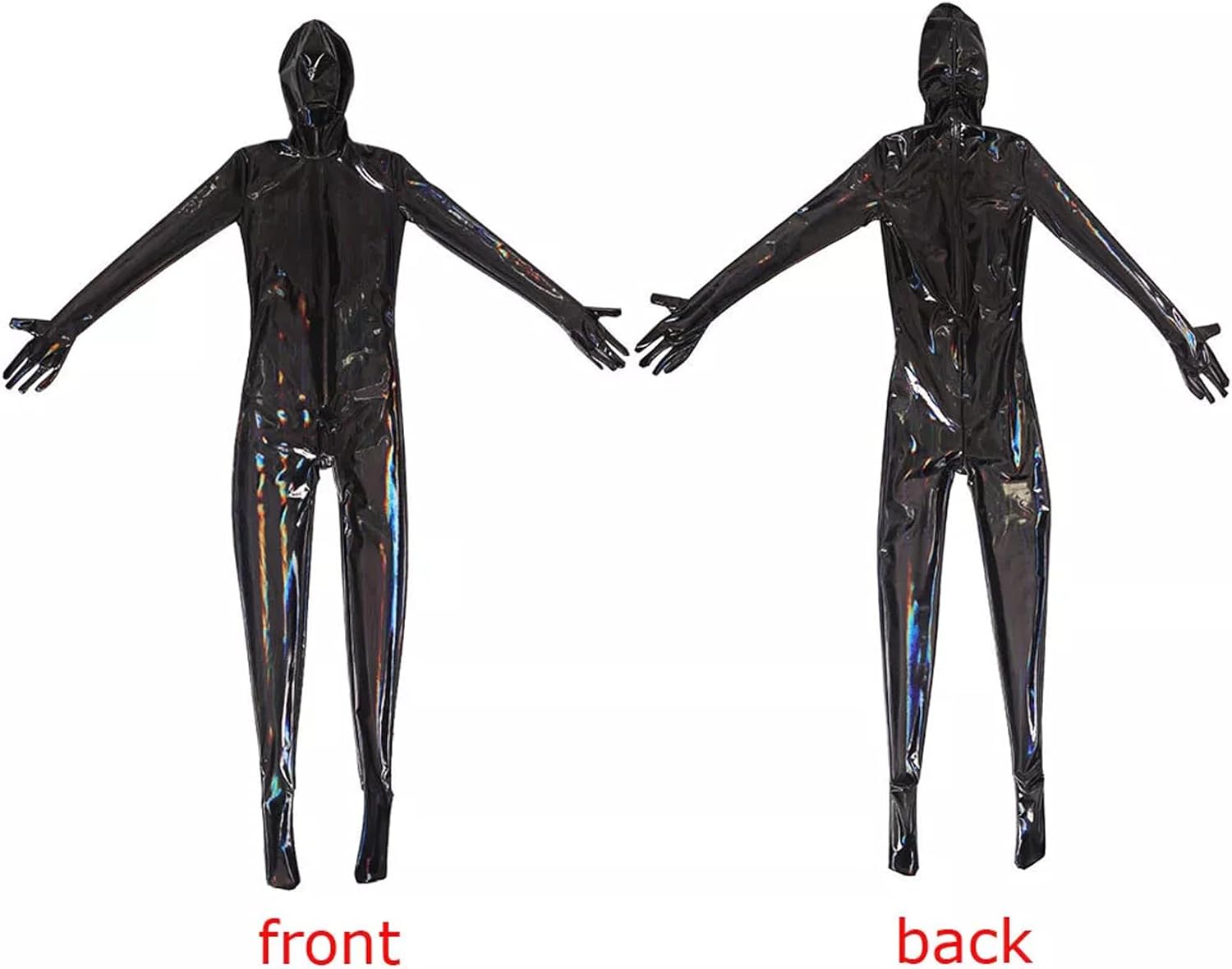 Men's Wetlook Stretchy Zipper Crotch Bodysuit Full Body Catsuit Attached Hood and Gloves