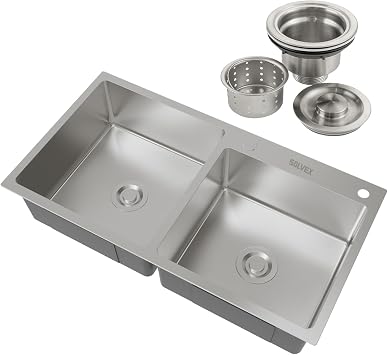SOLVEX 33 Inch Drop in Double Bowls Kitchen Sink with Nano Coating,33x18 Inch Handmade Stainless Steel Topmount Kitchen Sink ST-8546