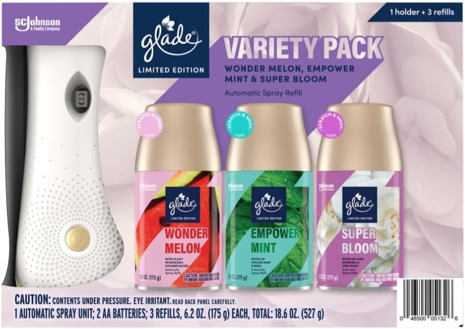 Glade Automatic Spray Air Freshener, Variety Pack 1 Holder + 3 Refills, Wonder Melon, Empower Mint, Super Bloom