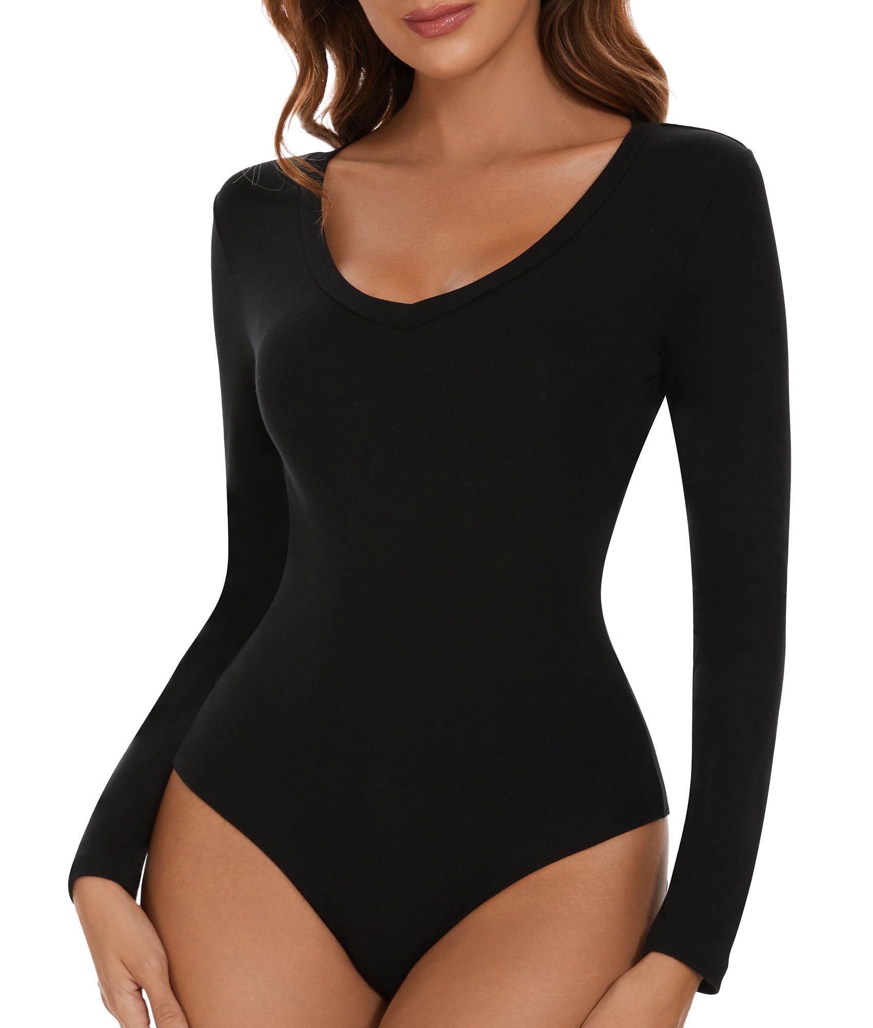 SHAPERIN Body Damen Langarm V-Ausschnitt Damenbody Langarmbody Tanga | Langarmshirt Bodys Long Sleeve V Neck Bodysuit Top Langarm T-shirt mit V-Ausschnitt Oberteil Herbst Winter