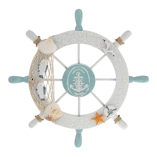 Rienar Nautical Beach Wooden Boat Ship Steering Wheel Fishing Net