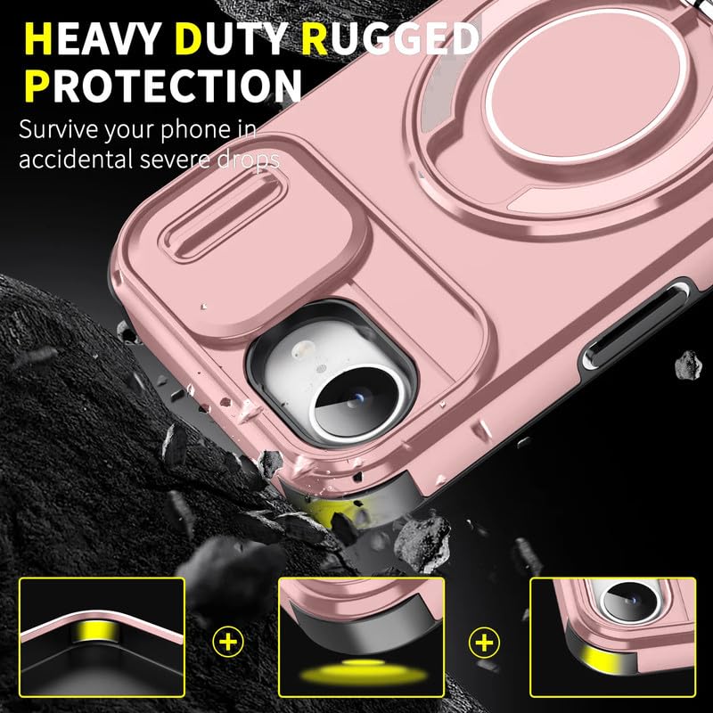 Image of LuxuryKase Shockproof Rugged Case for iPhone 16e | iPhone 17e | Slide Camera Cover | 360 Rotating Ring Kickstand | Military-Grade Protection - Rose Pink