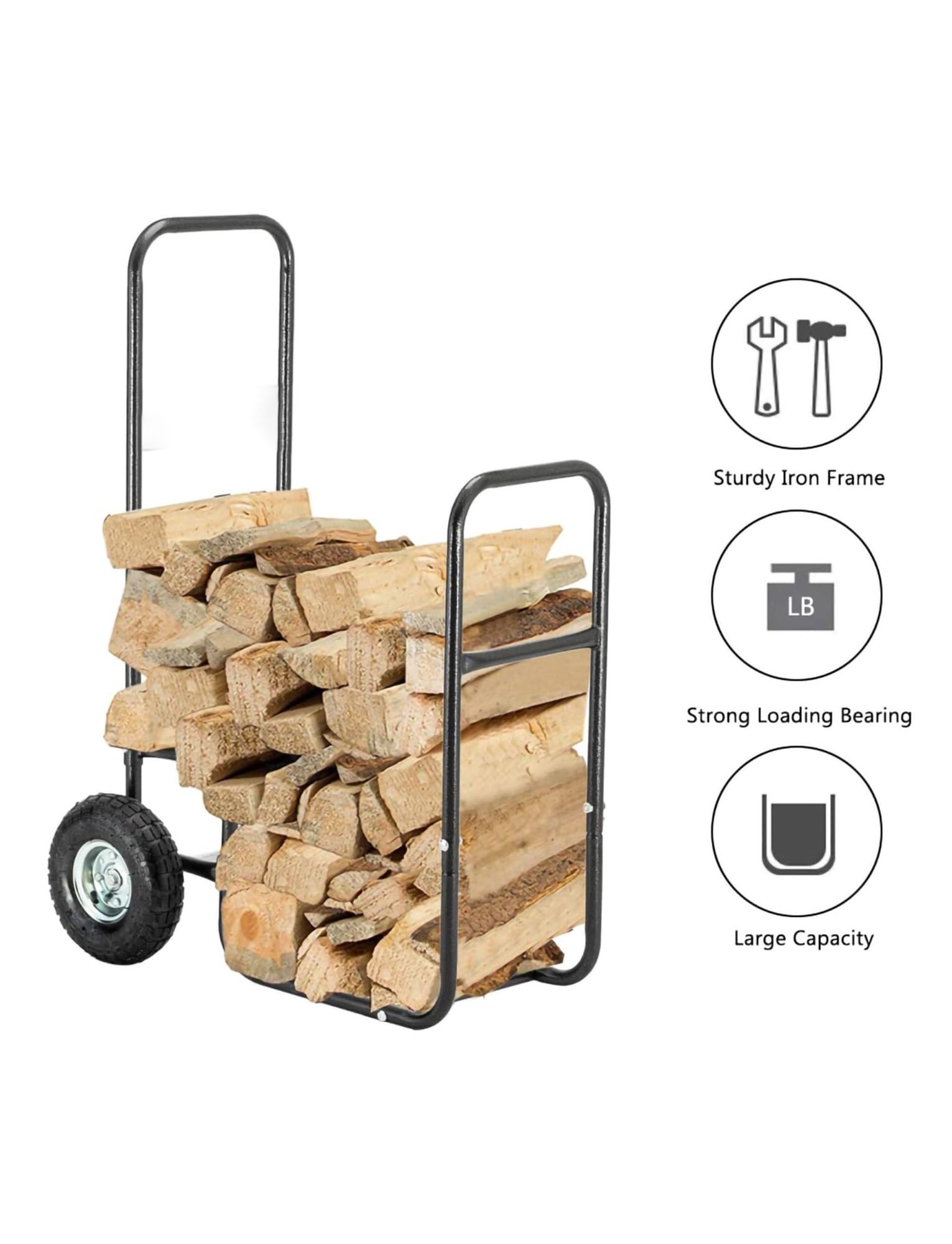 Carrello per legna da ardere con ruote, carrello per legna resistente, ruote in gomma per interni ed esterni, carrello per legna in ferro e supporto per legna da ardere per camino