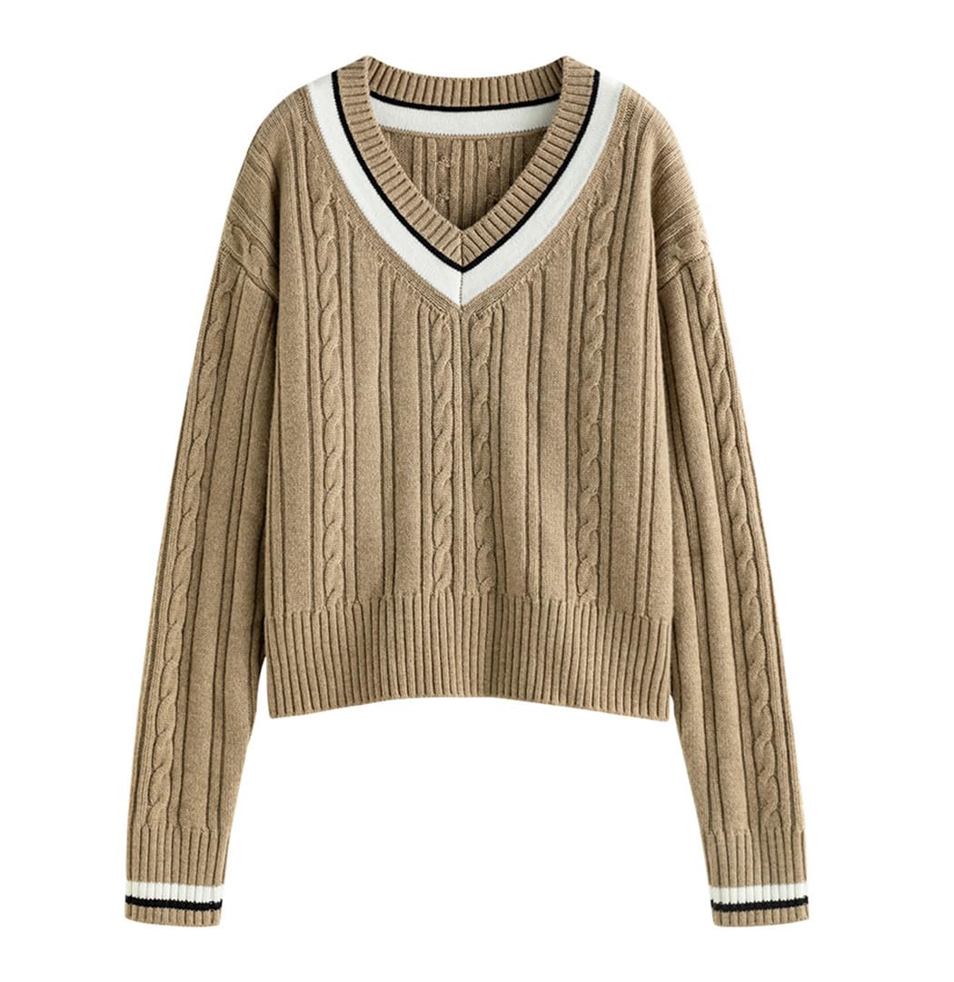 Damski solidny dekolt w serek długi sweter luźny gruby sweter na co dzień vintage sweter