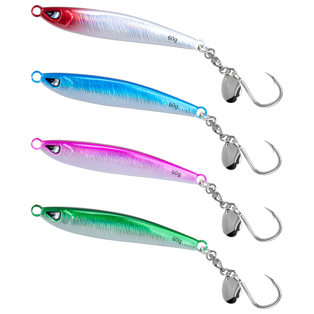 Leurres de Pêche en Haute Mer Coulants, WASAGA 4 Pièces 60g/80g/100g/120g Appât de Poisson de Fileur de Mer en Métal Dur de Sardine pour Le Mérou de Saumon de Thon Porgy Noir et Le leurre de Jigging