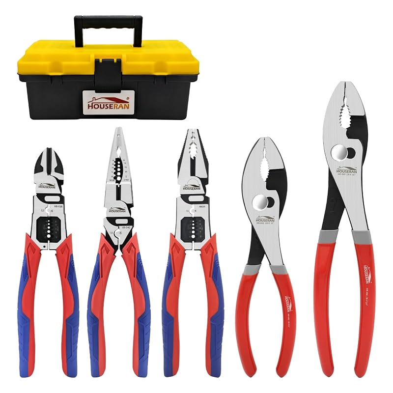 Kit de Alicates HOUSERAN com Estojo, 5 Peças, com Alicates de Pressão, Bico Longo, Eletricista e Corte Diagonal HR049