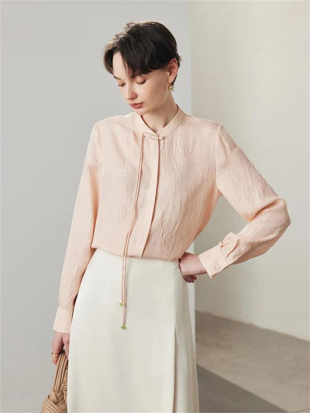 Blusas lisas para mujer, jacquard, 100 % seda, cuello alto, estilo vintage, elegante
