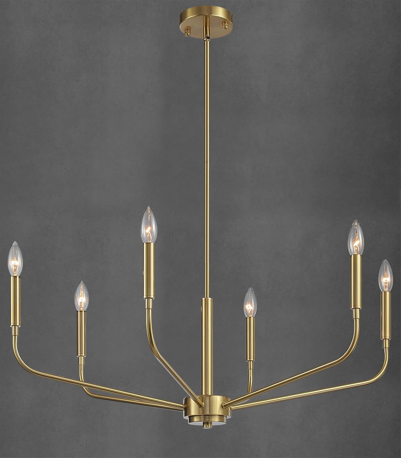 Brushed Gold Chandelier Lighting – 6-Light E12 Modern Farmhouse Ceiling Light with Interchangeable Rods for Height Adjustment, Elegant Design for Dining Room, Living Room, Entryway.