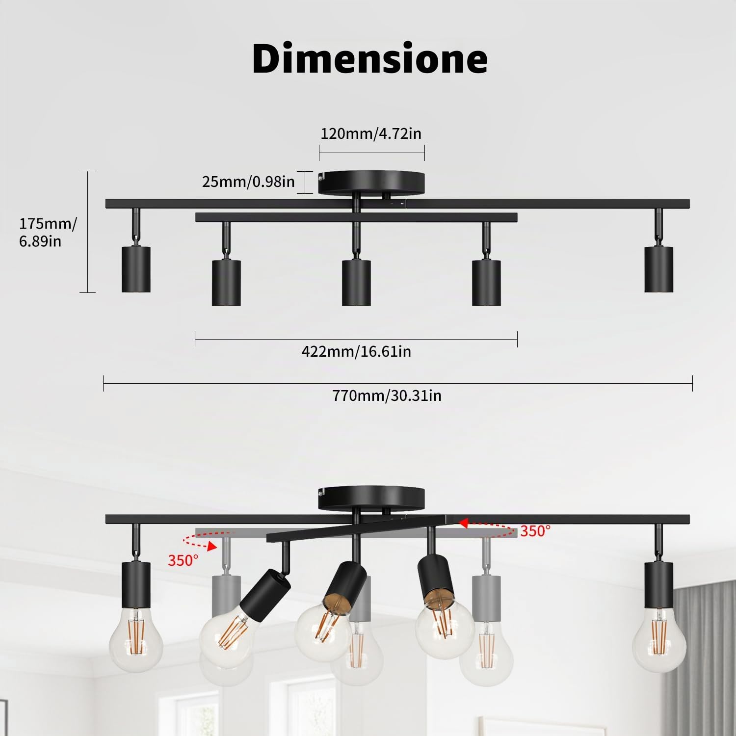 LVWIT Faretto LED Interno Nero, Lampadario Faretti con 5 Attacco E27, Faretti Soffitto Moderna, Faretti Orientabili per Barra, Salotto, Cameretta, Cucina,Corridoio Illuminazione (Senza Lampadina)