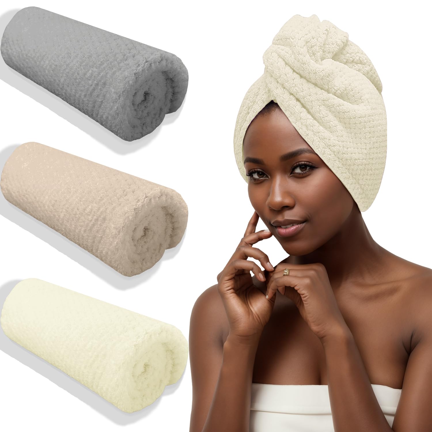 3 Pack Microfiber Hair Dring Towel Wrap for Women,Fast Drying Hair Turban, for All Hair Style Anti Frizz, Large Hair Towel with Button(White,Khaki,Grey)