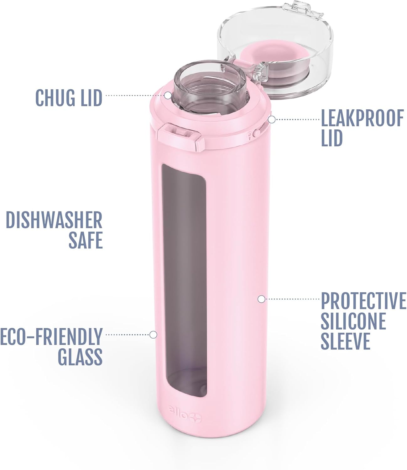 Ello Syndicate 20oz Reusable Glass Water Bottle with One-Touch Leak Proof Flip Lid, Protective Non-Slip Silicone Sleeve, Carry Loop for Coffee, Tea and Water, BPA-free, Dishwasher Safe, Cashmere Pink - Image 3