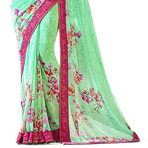Image of RAJESHWAR FASHION WITH RF Women's Floral Printed Georgette Sarees For Women With Jacquard Work Lace Border & Blouse(Pink Red Free Size 6.30 Mtr)