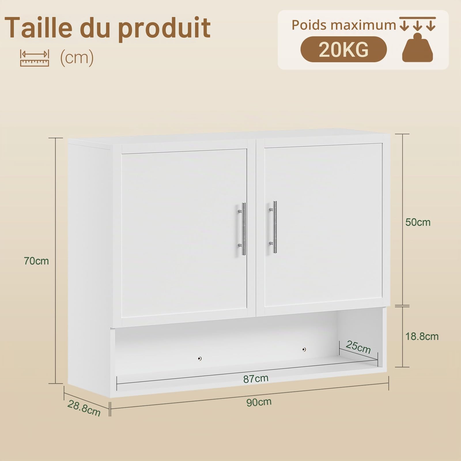 SoBuy Meuble Haut Salle de Bain avec Portes Meuble WC Suspendu 90x28,8x70cm