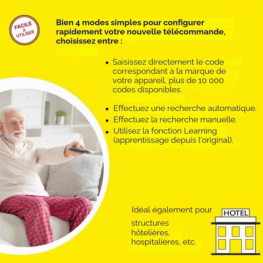 Télécommande Universelle TV Digiquest Easy avec Grandes Touches, Facile à Utiliser, idéale pour hôtels, hôpitaux, EHPAD et Personnes âgées