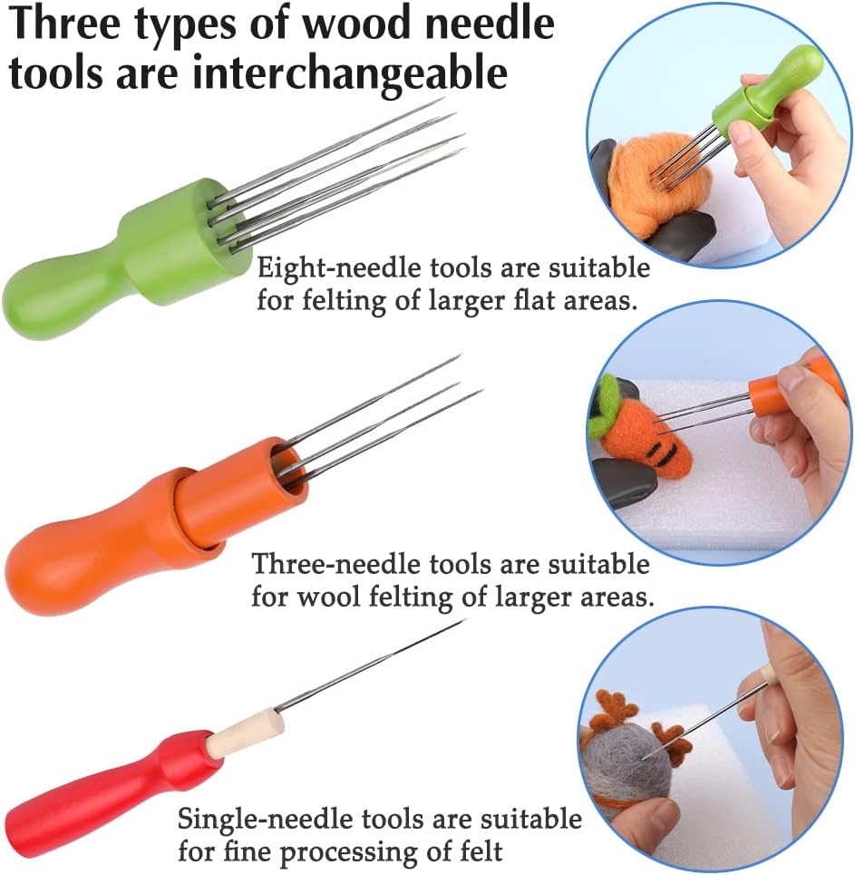 JUPEAN Needle Felting Kit, Wool Roving (5g/Color), Complete Needle Felting Starter Kit with Basic Felt Tools and Supplies Needle Felting Kit with 3 Size Wooden Handle Holder Needle Felting Needles