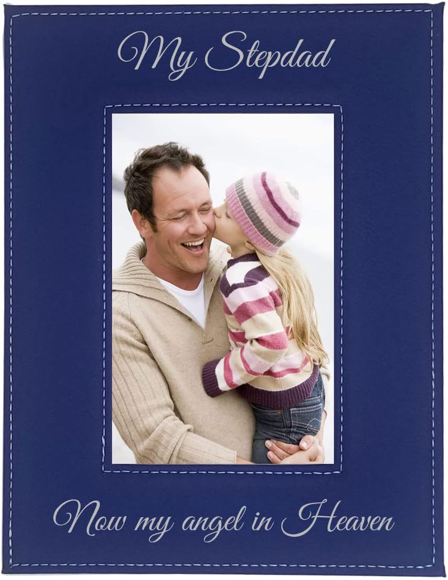 CustomGiftsNow My Stepdad Now My Angel in Heaven Laser Engraved Faux Leather Blue Leatherette Wall Hanging/Tabletop Picture Group Family New First Time Seeing Grandchild Baby Photo Frame
