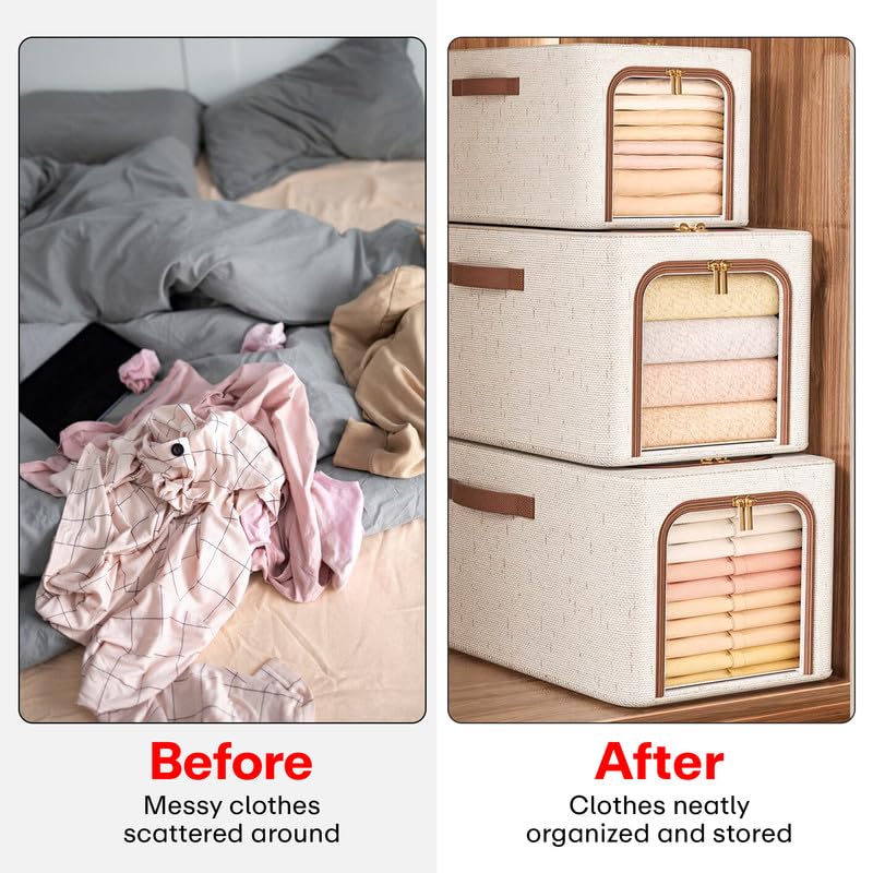 Image of Prime Pick Storage Box Set Foldable Jute Cloth Organizer with Lid Reinforced Handles Washable Wardrobe Storage Bin for Clothes Almirah Drawer Beige Pack of 1