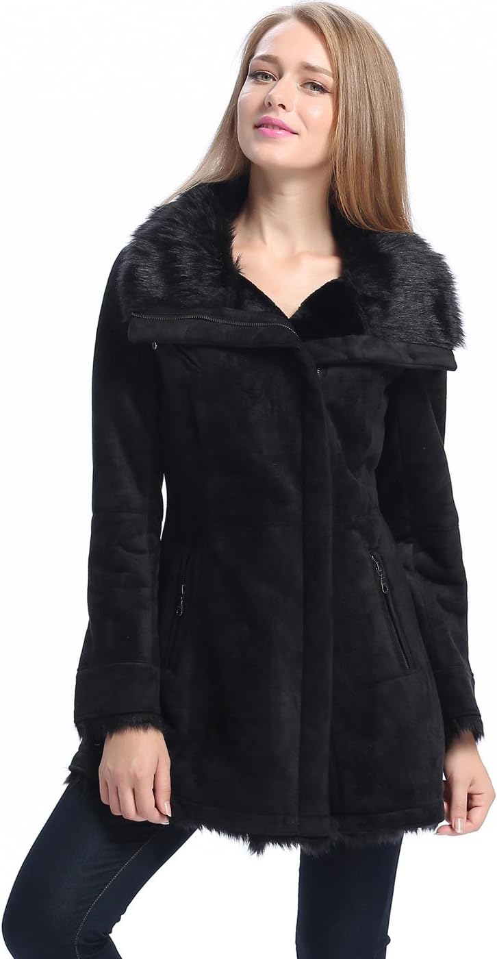 BGSD Women's Zara Asymmetrical Zip Front Faux Shearling Walking Coat Black X-Large