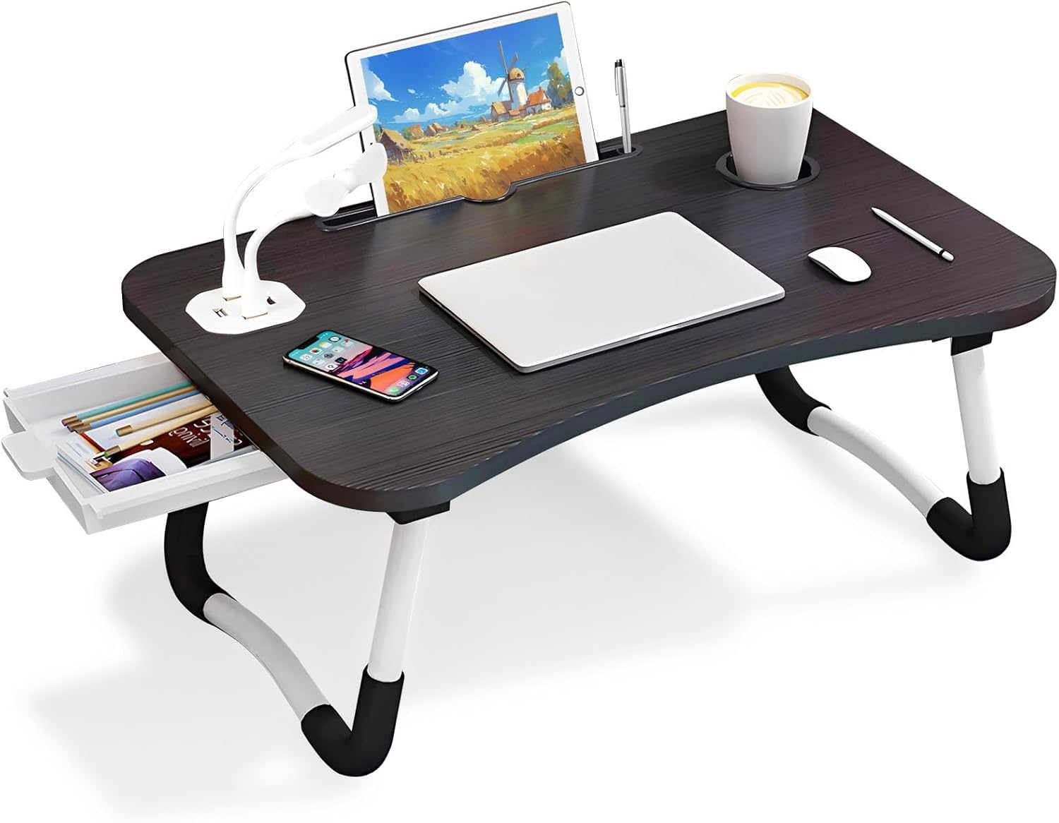 Warmiehomy Laptop Bed Table, Portable Laptop Desk with Foldable Legs & Cup Slot,Foldable Laptop Table for Sofa,Laptop Bed Tray for Working on Bed Black