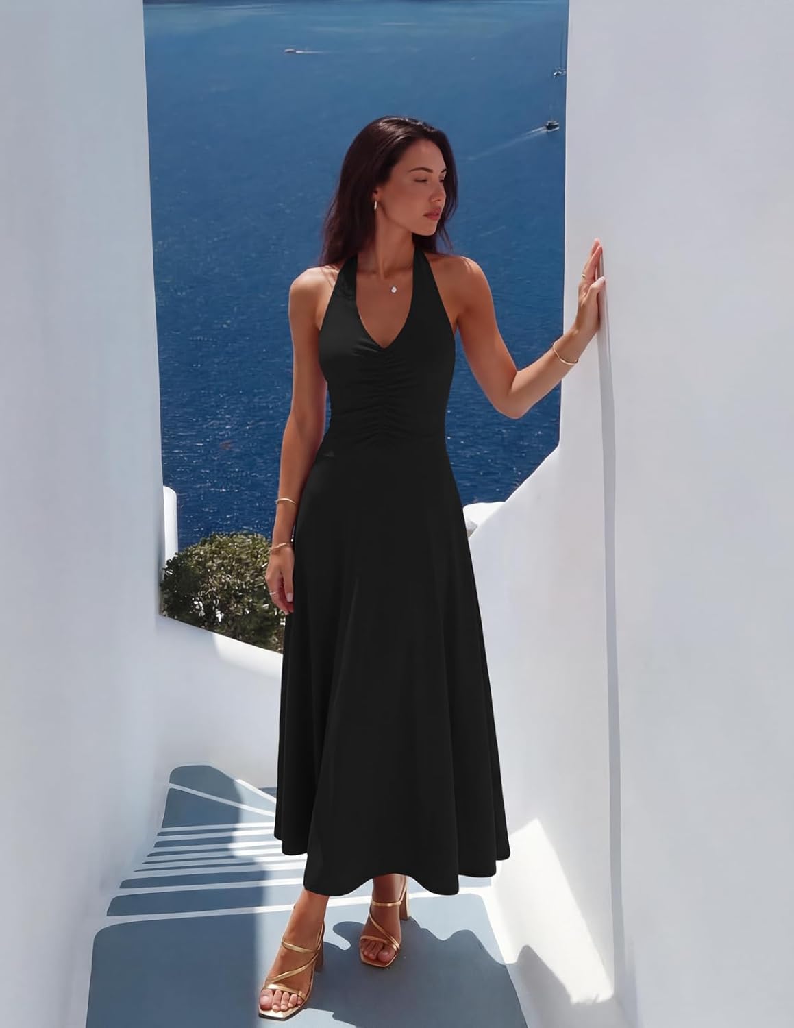 MEROKEETY Women's Formal Halter Maxi Dress 2026 Summer Backless Sleeveless V Neck Ruched Cocktail Wedding Guest Dresses