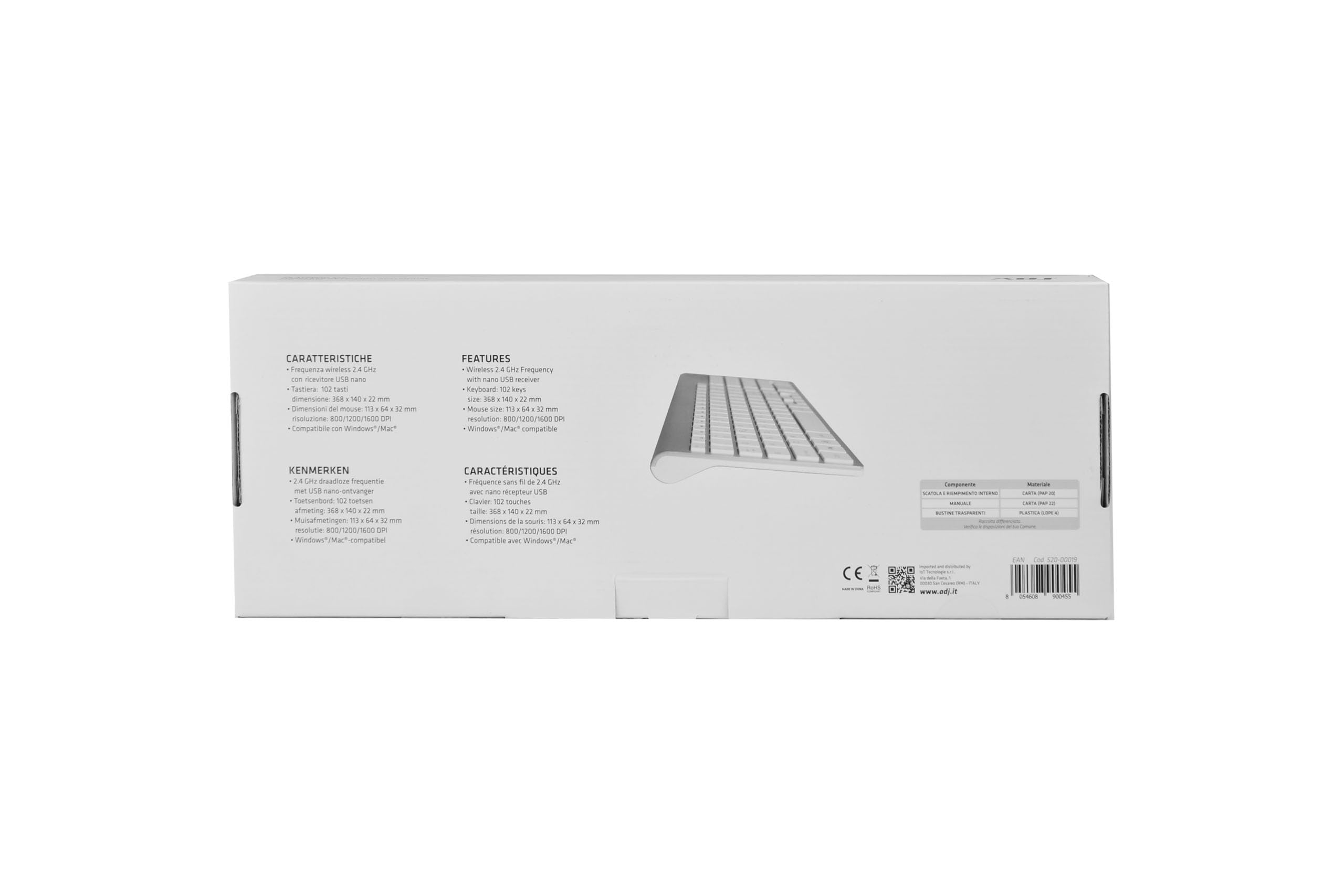 Kit usb Tastiera e Mouse Adj Smal 102 tasti ultra slim - Wireless, Layout Italiano QWERTY, per PC/Laptop/Notebook Windows, Tasti Silenziosi, Senza Fili, 102 Tasti, Mouse Ergonomico 1600 DPI