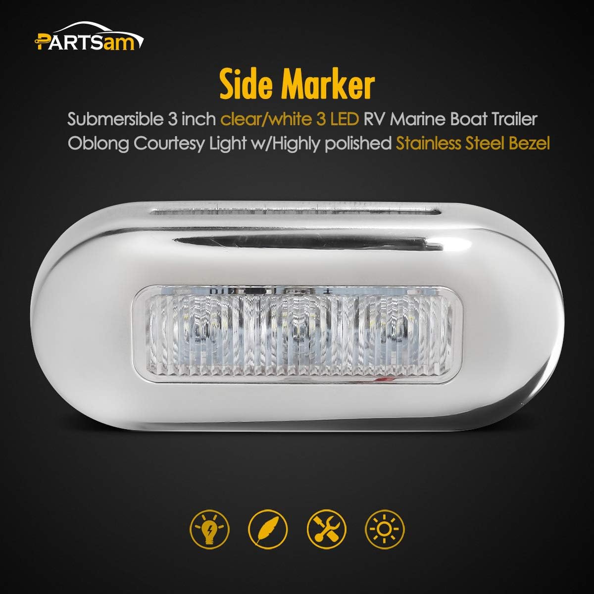 Partsam 4pcs 3" LED Oblong Stainless Courtesy Light Accent Yacht Marine Boat Clear/White, Submersible LED Boat/Caravan Light, Walkways Step storage Led Interior Exterior courtesy Lights lighting : Sports & Outdoors