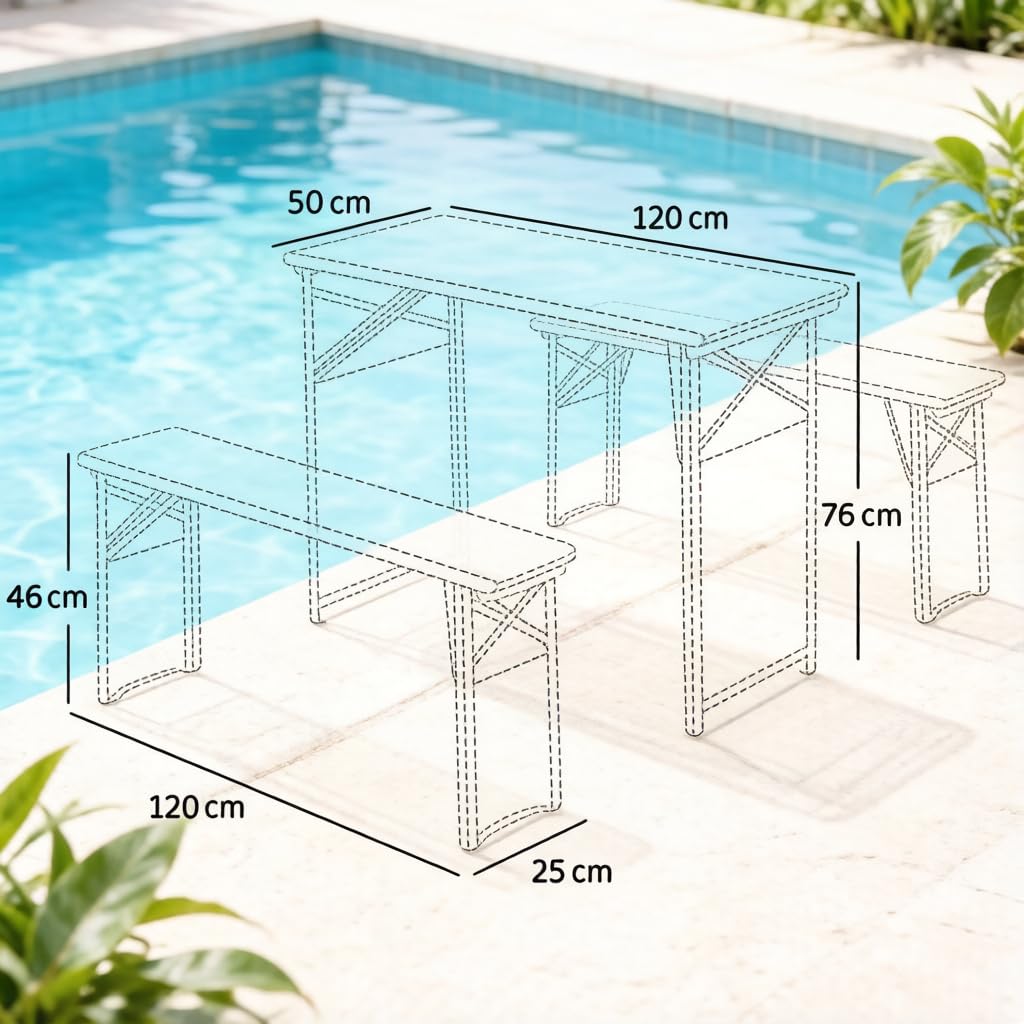 Zestaw mebli ogrodowych, składany stół kempingowy z 2 ławkami | Zestaw do namiotu piwnego składany, drewno + metal, 120 x 50 x 76 cm, 220 kg. Zestaw stołowy piwny na kemping