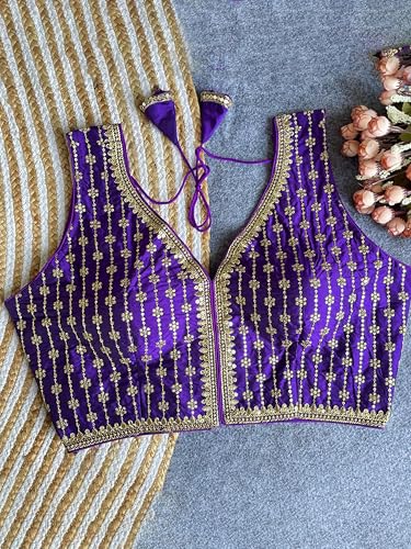 Image of TRENDMALLS Women's Dhupion Silk Embroidery Sequence Work V Neck Sleeveless Blouse Choli Stylish Saree Blouse Ready to Wear