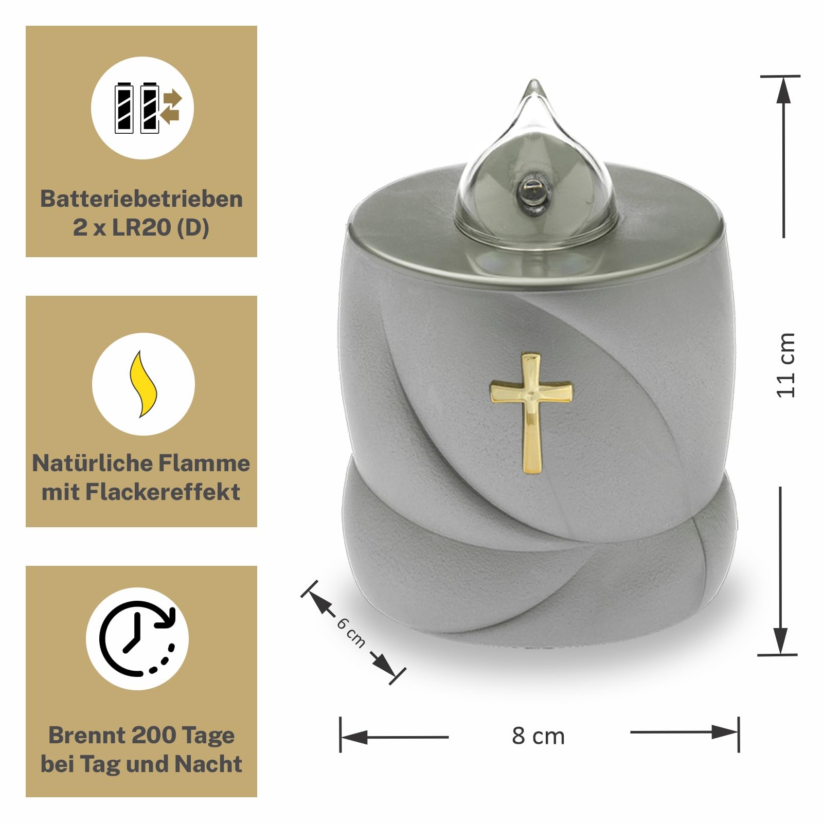 AROBA LED Grave Candle - Flickering Effect - Long Burning Time up to 200 Days - Reusable Cemetery Candle - Silver Holy Cross - Image 2