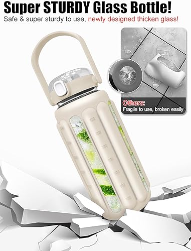 Miniatura 2 de Botella de agua de vidrio grande con pajilla, botella de agua de 64 onzas con asa, funda de silicona gruesa, marcador de tiempo, popote plegable,