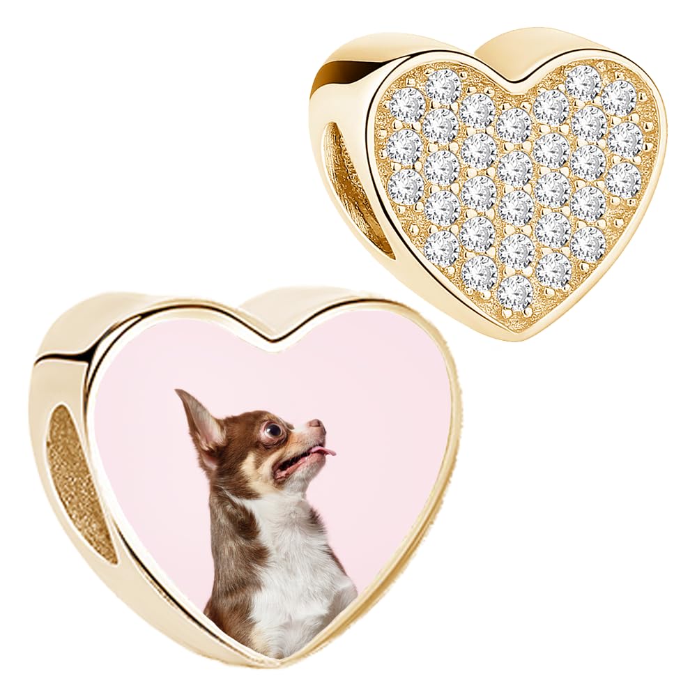 2Burned Silber 925 Personalisierter Schmuck Foto-Charm – Kompatibel mit Europäisches-Armbändern, Liebe Herz Personalisiertes Geschenk – Fügen Sie Ihr Bild hinzu (Zirconia Vergoldet 18K)