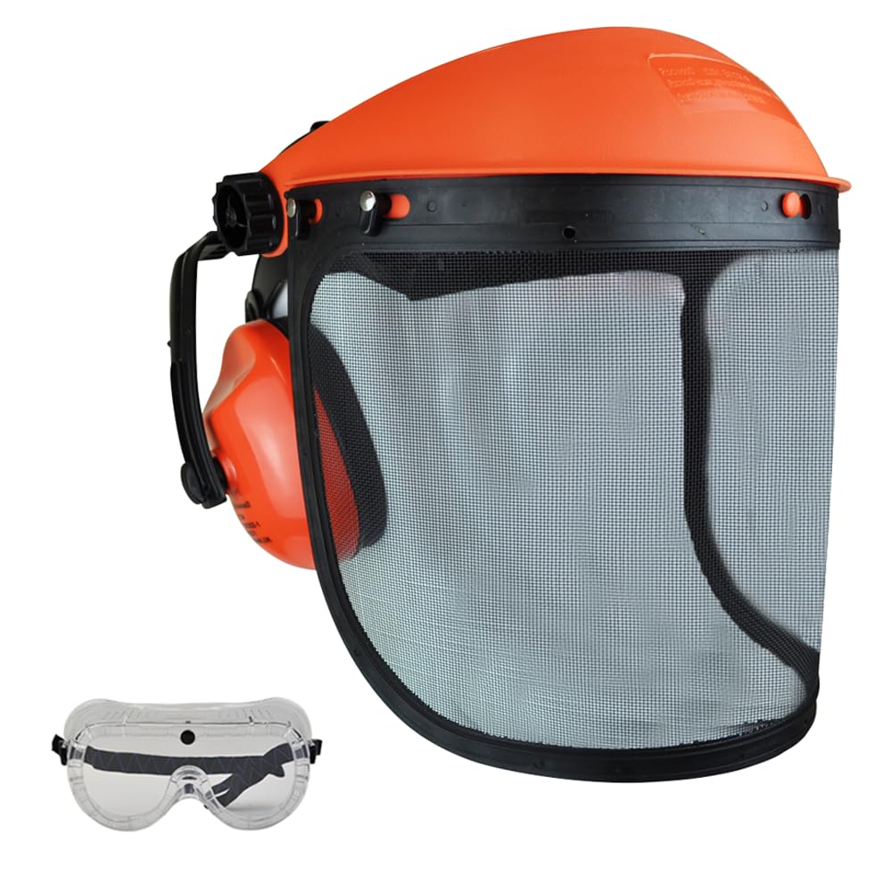 RocwooD Peaked Face Shield With Ear Muffs Defenders & Mesh Visor For Brushcutter Users Free Goggles