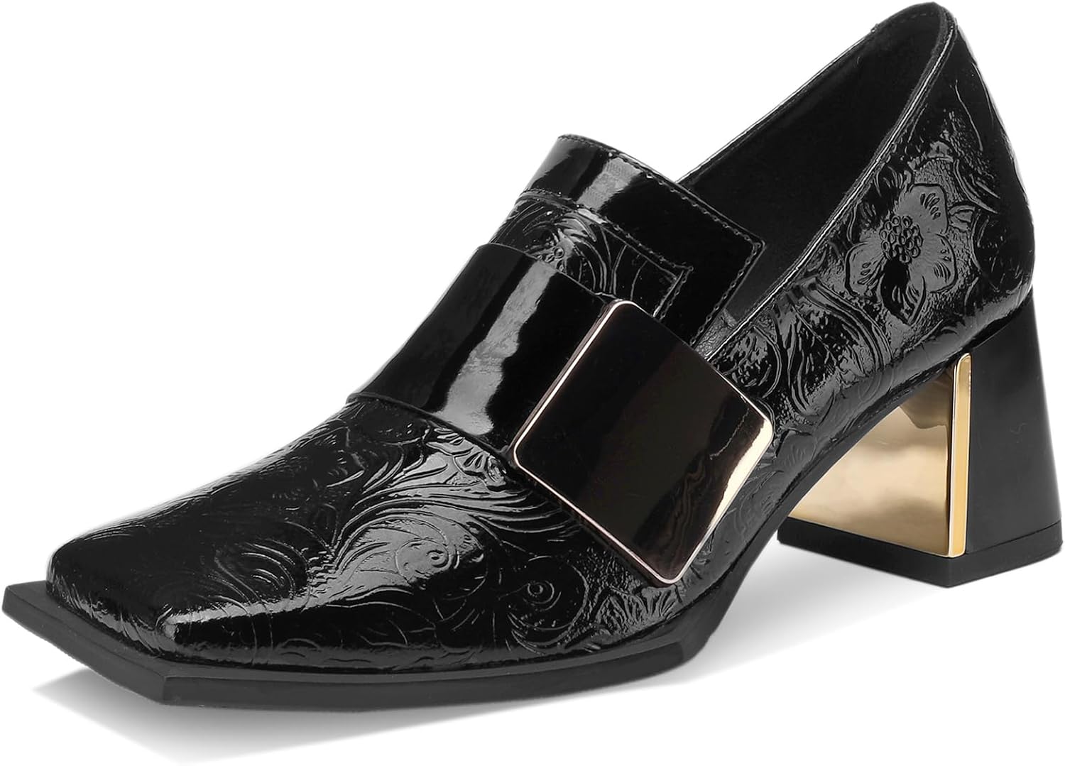 TDD Loafers for Ladies Patent Leather-based Buckle Sq. Toe Chunky Block Dr…