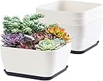 Succulent Pots 6 Inch Shallow Herb Planters with Drainage Hole - 4 Packs Cactus Planter for Home Office Garden Plants Pot Present - Plants Not Included (Off White)