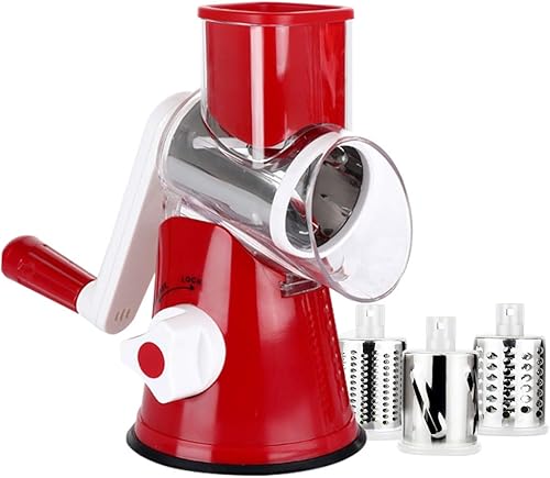 Rallador de queso manual giratorio, rebanador de mandolina redondo con base de succión fuerte, cortador de verduras y nueces, molinillo de queso,