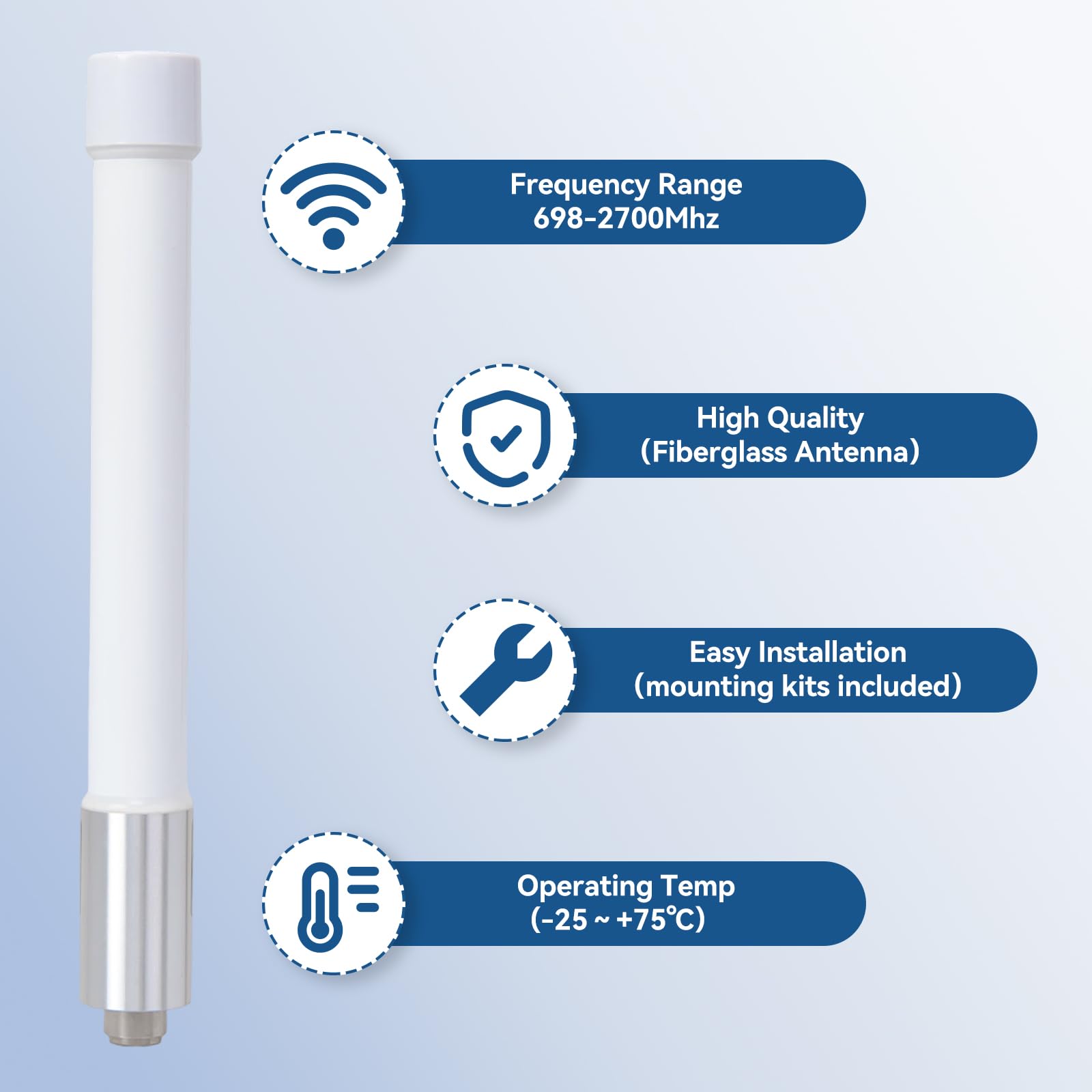 Antenna Omni in fibra di vetro 4G LTE 698-2700 MHz con cavo di prolunga RG58U da 2 m SMA maschio, design compatto, bianco, staffa a U, supporto per router cellulare, telecamera IP, modem