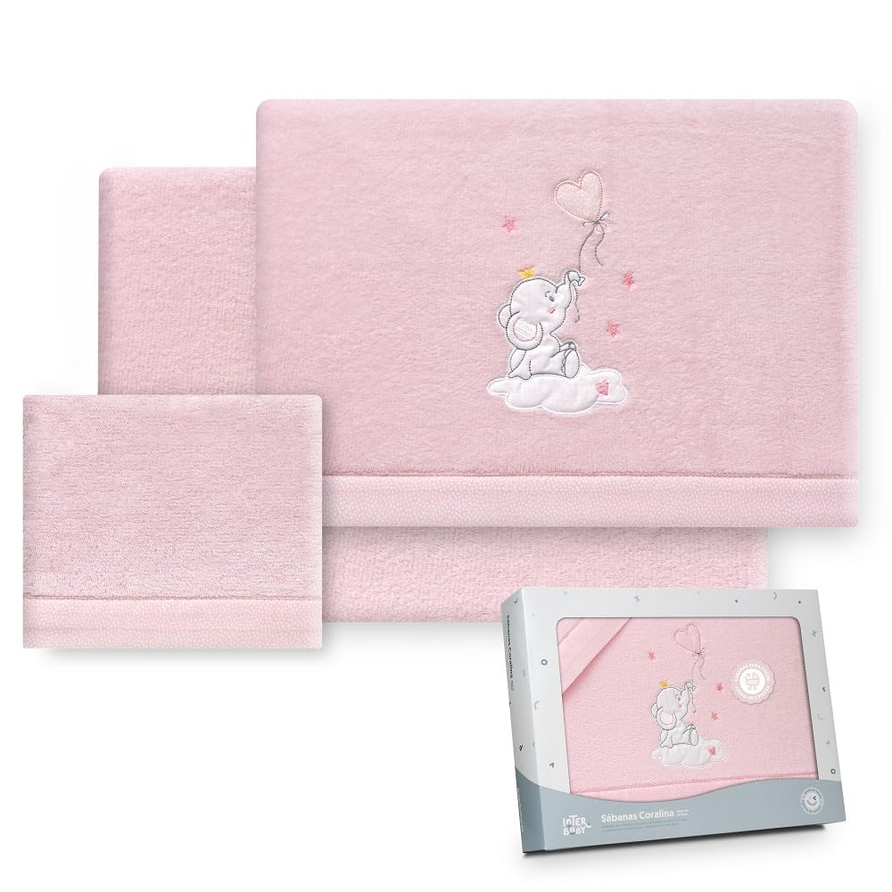 Interbaby - Set of sheets for pram 40 x 80 cm, baby - coral fabric winter sheets - elephant balloon heart - includes fitted sheet + top sheet + pillow case