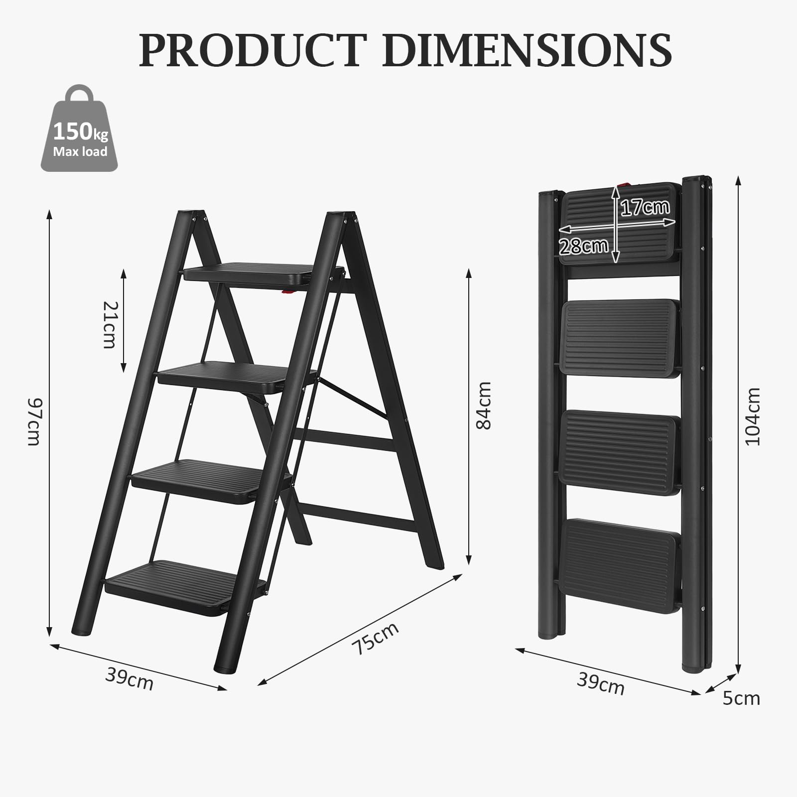 Escabeau 4 Marches Pliable, Marche Pied Pliant avec Pédales Antidérapantes, Échelle pour Maison Cuisine Bureau, Gain de Place, Charge Maximale 150 kg, pour la Maison, Cuisine, Placard et Bureau.